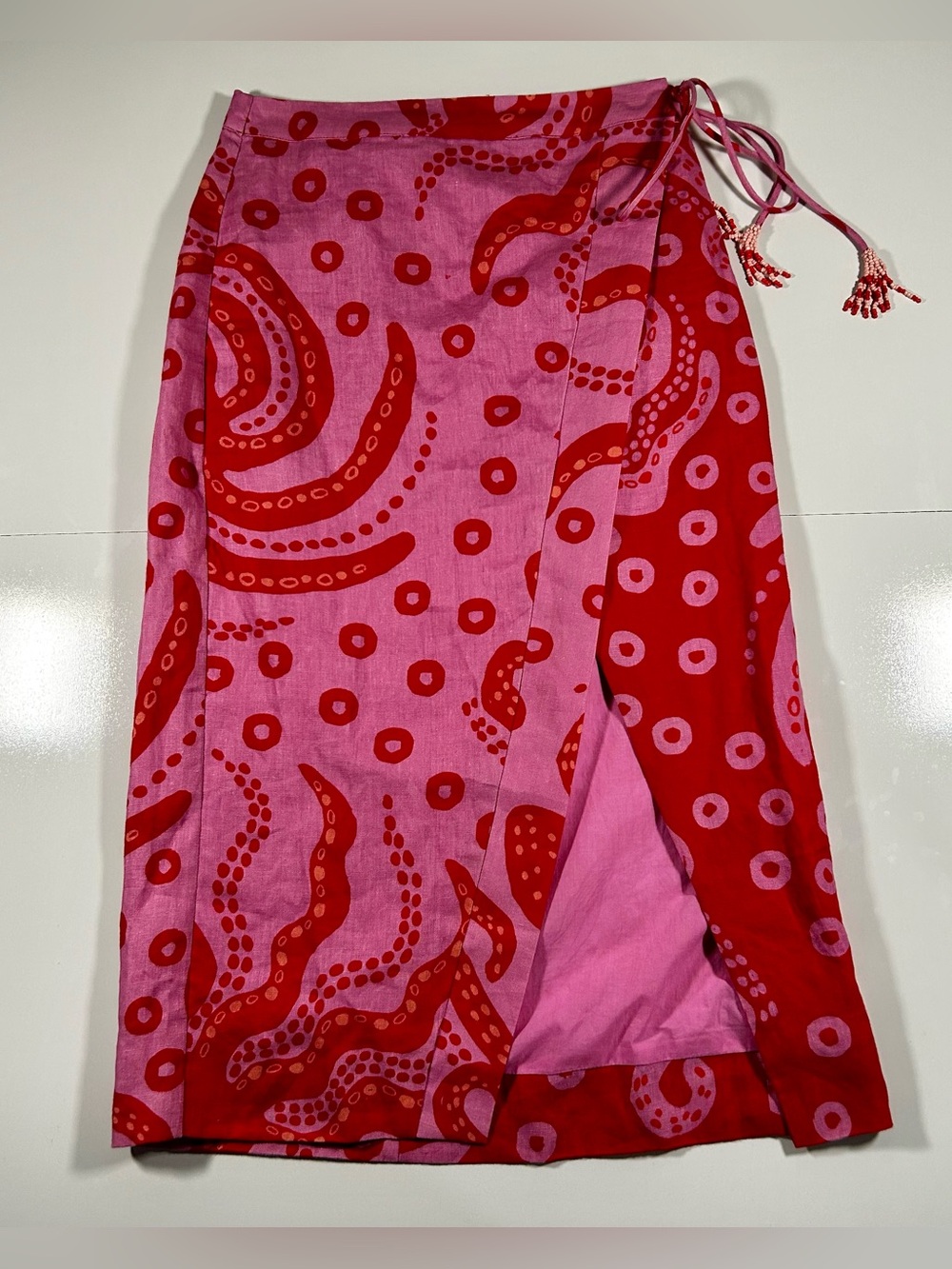 Farm Rio Octocool Linen Wrap Skirt Midi Red Pink Size S Beach Graphic Colorful - Picture 3 of 11